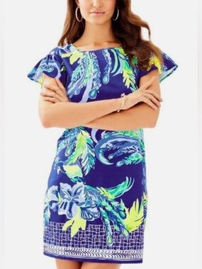 Lilly Pulitzer Marah Dress Nest to Nothing Peacock Print Size S Twilight Blue